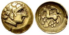 Ancient Coins Helvetii AV 1/4 Stater, very rare Celtic Gaul. Switzerland. Helvetii. AV 1/4 Stater (15 mm, 1.85 g). Obv. Laureate head of Apollo to right, celticized. Rev. Charioteer driving horse left