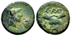Paestum AE Semis, c. 90-44 BC Lucania, Paestum (Poseidonia). AE Semis (16-17 mm, 3.62 g), c. 90-44 BC. PAE, Helmeted and draped bust to right, with mark of value (s) to left. Rev. L FAD / L SA, Claspe