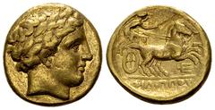 Philip II AV Stater, Amphipolis Kings of Macedon. Philip II (359-336 BC). AV Stater (16-17 mm, 8.55 g), Amphipolis. Obv. Laureate head of Apollo to right. Rev. Charioteer driving galloping biga to rig