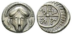 Mesembria AR Diobol, c. 450-350 BC Thrace, Mesembria. AR Diobol (10 mm, 1.20 g), c. 450-350 BC. Obv. Crested corinthian helmet facing. Rev. M - E - T - A in four quarters of wheel, surrounded by borde