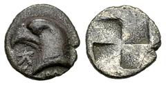 Kyme AR Hemiobol, c. 480-450 BC Aeolis, Kyme. AR Hemiobol (8 mm, 0.45 g), c. 480-450 BC. Obv. Head of eagle left, KY below. Rev. Quadripartite incuse square. SNG Aulock 1623. Nicely toned and very fin