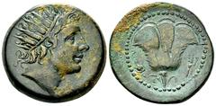 Rhodos AE 30, c. 88 BC Islands off Caria. Rhodos. AE30 (18.03 g), c. 88 BC. Obv. Radiate head of Helios to right. Rev. Rose; headdress of Isis to left, thunderbolt to right. BMC 321; SNG Cop. 856. Alm