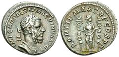 Macrinus AR Denarius, Fides reverse Macrinus (217-218 AD). AR Denarius (19-20 mm, 4.11 g), Rome, 217. Obv. IMP C M OPEL SEV MACRINVS AVG, Laureate and cuirassed bust to right. Rev. PONTIF MAX TR P COS