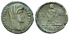 Divus Constantine I AE Nummus, Antioch Divus Constantine I (died 337). AE Nummus (15-16 mm, 1.92 g), Antioch, 347/348. Obv. DV CONSTANTINVS PT AVGG, Veiled bust to right. Rev. VN - MR, Emperor standin