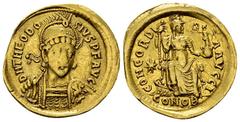 Theodosius II AV Solidus, Constantinople Theodosius II (402-450 AD). AV Solidus (19-20 mm, 3.92 g), Constantinople, 408-420. Obv. D N THEODOSIVS P F AVG, Helmeted, three-quarter facing bust, holding s