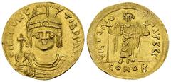 Mauricius Tiberius AV Solidus, Constantinople Mauricius Tiberius (582-602 AD). AV Solidus (20-21 mm, 4.34 g), Constantinople, 583-601. Obv. D N mAVRC TIb P P AVG, Bust facing, in cuirass and helmet wi