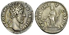 Ancient Coins Commodus AR Denarius, Salus reverse Commodus (177-192 AD). AR Denarius (17 mm, 2.88 g), Rome, 182 AD. Obv. M COMMODVS ANTONINVS AVG, Laureate head to right. Rev. TR P VIII IMP V COS III 