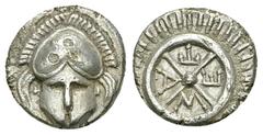 Mesambria AR Diobol, c. 450-350 BC Thrace, Mesembria. AR Diobol (10 mm, 1.13 g), c. 450-350 BC. Obv. Crested corinthian helmet facing. Rev. M - E - T - A in four quarters of wheel, surrounded by borde
