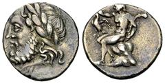 Megalopolis AR Triobol, 175-168 BC Arcadia, Megalopolis. AR Triobol (15 mm, 2.41 g), 175-168 BC. Obv:.Laureate head of Zeus to left. Rev. Pan seated left on rock, raising his right hand above eagle st