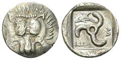 Mithrapata AR Diobol, c. 390-370 BC Dynasts of Lycia, Mithrapata. AR Diobol (13 mm, 1.47 g), c. 390-370 BC. Obv. Facing lion's scalp. Rev. Triskeles, dolphin above left; all within incuse square. Falg