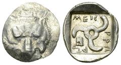 Mithrapata AR Diobol, c. 390-370 BC Dynasts of Lycia, Mithrapata. AR Diobol (12-13 mm, 1.36 g), c. 390-360 BC. Obv. Facing lion's scalp / Triskeles, astragalos to lower left; all within incuse square.