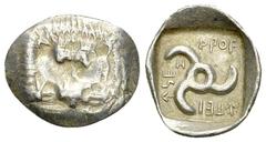 Mithrapata AR Obol, c. 390-370 BC Dynasts of Lycia, Mithrapata. AR Obol (12-13 mm, 0.74 g), c. 390-360 BC. Obv. Facing lion's scalp / Triskeles, astragalos to lower left; all within incuse square. Cf.