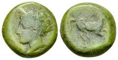 Aitna AE Tetras, c. 354-344 BC Sicily, Aitna. AE Tetras (15 mm, 5.08 g), c. 354-344 BC. Obv. Wreathed head of Kore to left. Rev. Horse prancing right, trailing rein. Cf. CNS 3 (head to right). Light g