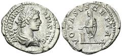 Caracalla Denarius, scarce decennalia type Caracalla (198-217 AD). AR Denarius (18-21 mm, 3.17 g), Rome, 207 AD. Obv. ANTONINVS PIVS AVG, Laureate head to right. Rev. VOTA SVSCEPTA X, Caracalla standi