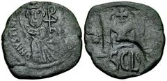 Heraclius AE Follis, countermark Heraclius (610-641). AE Follis (30-32 mm, 13.20 g), uncertain Sicilian mint, c. 616/7-621/2. Obv. DN IVSTINIANVS PP AVG, bust of Justinian to right; countermark: crown