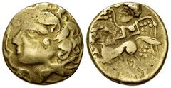 Bituriges Cubi AV Stater, c. 60-50 BC Celtic Gaul. Bituriges Cubi. AV Stater (19 mm, 7.22 g), c. 60-50 BC, "à la victoire ailée"-type. Obv. Celticized head to left; floral pattern to left.Rev. Fast bi