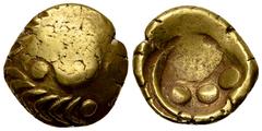 Vindelici AV Stater, 1st century BC Celtic coins. Vindelici. AV Stater (18 mm, 7.43 g), 1st century BC, "Regenbogenschüsselchen". Obv. Bird's head to left within wreath-like torque. Rev. Six pellets w