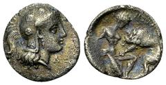 Tarentum AR Diobol, c. 325-280 BC Calabria, Tarentum. AR Diobol (12 mm, 1.03 g), c. 325-280 BC. Obv. Head of Athena to right, wearing crested Athenian helmet adorned with three rosettes. Rev. Herakles