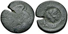 Akragas AE Tetras, c. 405-392 BC, countermarked Sicily, Akragas. Punic occupation. AE Tetras (29-30 mm, 19.25 g), c. 405-392 BC. Obv. Eagle standing right, wings spread, clutching dead hare held in it