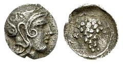 Soloi AR Tetartemorion, c. 410-375 BC Cilicia, Soloi. AR Tetartemorion (7 mm, 0.19 g ), c. 410-375 BC. Obv. Head of Athena to right, wearing Attic helmet. Rev. Grape bunch within linear circle. BMC 24