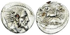 L. Hostilius Saserna AR Denarius, 48 BC L. Hostilius Saserna. Fourré Denarius (18-19 mm, 2.86 g), Rome, 48 BC. Obv. Bearded male head to right, his hair straggling out behind him; cloak around neck an