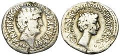 Marcus Antonius and Octavianus AR Denarius, 41 BC Marcus Antonius and Octavianus. AR Denarius (19-20 mm, 3.46 g). M. Barbatius Pollio, quaestor pro praetore. Military mint moving with Antony (Ephesus?