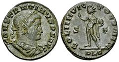 Constantinus I AE Nummus, Sol reverse Constantinus I 'the Great' (306-337 AD). AE Nummus (21-22 mm, 3.72 g), Lugdunum, 1st officina, 313/314. Obv. CONSTANTINVS P F AVG, Laureate, draped and cuirassed 