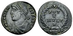 Iovianus AE Nummus, Constantinopolis Iovianus (363-364 AD). AE Nummus (18-20 mm, 3.23 g), Constantinopolis. Obv. D N IOVIANVS P F AVG, Diademed, draped and cuirassed bust to left. Rev. VOT / V / MVLT 