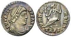 Valens AR Siliqua, Urbs Roma reverse Valens (364-378 AD). AR Siliqua (17-18 mm, 1.96 g). Trier, 367-375 AD. Obv. D N VALENS P F AVG, Draped, cuirassed and pearl-diademed bust to right. Rev. VRBS ROMA,