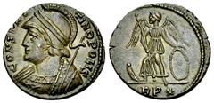 Constantinopolis commemorative AE Nummus, Treveri Constantine I (306-337 AD). AE Nummus (17-18 mm, 2.89 g), Treveri, 332/333. Commemorative Issue. Obv. CONSTANTINOPOLIS, Laureate and helmeted bust of 