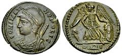 Constantinopolis commemorative AE Nummus, Rome Constantine I (306-337 AD). AE Nummus (17-19 mm, 2.12 g), Rome, 333-335. Commemorative Issue. Obv. CONSTANTINOPOLIS, Laureate and helmeted bust of Consta