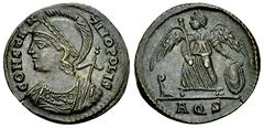 Constantinopolis commemorative AE Nummus, Aquileia Constantine I (306-337 AD). AE Nummus (18 mm, 2.19 g), Aquileia, 334/335. Commemorative Issue. Obv. CONSTANTINOPOLIS, Laureate and helmeted bust of C