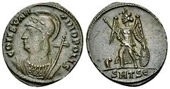 Constantinopolis commemorative AE Nummus, Thessalonica Constantine I (306-337 AD). AE Nummus (18-20 mm, 2.67 g), Thessalonica, 330-333. Commemorative Issue. Obv. CONSTANTINOPOLIS, Laureate and helmete