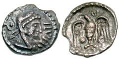 Celtic Britain, Southern Region. Regni & Atrebates. Epaticcus. Ca. A.D. 20-40. AR unit (12.6 mm, .97 g, 3 h). Eppaticus Eagle type. EPATI, head of Herakles right, wearing lion's skin headdress; behind