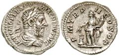 Roman Imperial Macrinus. A.D. 217-218. AR denarius (19.5 mm, 3.52 g, 5 h). Rome mint. IMP C M OPEL SEV MACRINVS AVG, laureate and draped bust of Macrinus right / P M TR P II COS P P, Annona standing l