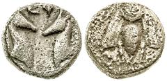 Greek "Ionia, Ephesos. Ca. 387-295 B.C. AR diobol (9.01 mm, .99 g, 12 h). [Є] - [Φ], Bee with straight wings / Є Φ, ethnic in field above two stag's heads facing one another. SNG Copenhagen 242; SNG K