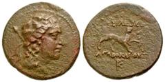 Eastern Cultures Graeco-Baktrian Kingdom. Agathokles. Ca. 185-170 B.C. Cupro-Nickel Double Unit (25 mm, 6.95 g, 11 h). Draped bust of Dionysos right, wearing ivy wreath, thyrsos over shoulder / ΒΑΣΙΛΕ