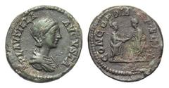 PLAUTILLA, wife of Caracalla, died 212 AD. AE Limes Denarius (2.76 gm). Bust right / Caracalla and Plautilla holdng hands. cf RIC.365(a)(S). VF+, black patina. These AE denarii are thought to be base 