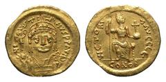 BYZANTINE EMPIRE. Justin II, 565-578 AD. Gold Solidus (4.35 gm) of Constantinople. Crowned bust facing / Constantinopolis seated. S.345. VF+. [Est. $650.]
