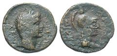 Ionia, Lebedus. Tiberius. A.D. 14-37. Æ 20 (19.5 mm, 3.92 g, 5 h). Very Rare. CEBACTOC, laureate head right / ΔIONHCOΔWPOY ΛE, bust of Athena right, wearing crested Corinthian helmet. RPC 2521; Waddin
