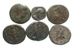 Lot of 6 Syrian Provincial Coins. Beroea, Macrinus // Antioch, Macrinus // Laodicea, Domitain // Laodicea, Marcus Aurelius // Seleucia, Trajan // Hierapolis, Caracalla. Avg F-VF.  Ex Malloy collecti