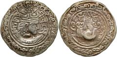Nezak Huns. Vakhu Deva. Ca. A.D. 720. AR drachm (31 mm, 3.09 g, 12 h). Mint in Zabulistan or Seistan. Crowned Sasanian late-style bust (Khusro II crown) right, trilingual issue (Baktrian, Brahmi and P