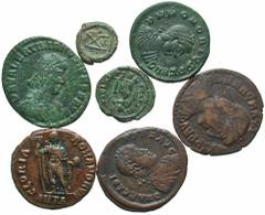 Lot of seven later 4th century Roman Æ. Includes: Valentinian II. Æ2. Siscia. RIC 26b.7 // Magnus Maximus. Æ2. Lugdunum. RIC 33 // Theodosius I. Æ2. Antioch. RIC 68b // Aelia Flaccilla. Æ4. Thessaloni