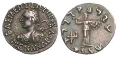 Graeco-Baktrian Kingdom. Menander I. Ca. 165/55-130 B.C. AR drachm (16.9 mm, 2.45 g, 12 h). BAΣIΛEΩΣ ΣΩTHPOΣ MENANΔPOY, Diademed bust left seen from behind, wielding spear, aegis on shoulder / Athena 