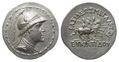 BAKTRIAN KINGDOM. Eukratides I, 171-145 BC. AR Tetradrachm (16.34 gm). Helmeted bust / The Dioskouroi on horseback. SNG.ANS.465. XF.