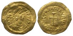 BYZANTINE EMPIRE. Maurice Tiberius, 582-602 AD. Gold Tremissis (1.42 gm) of Constantinople. Diademed draped bust / Large cross. S.488. VF.