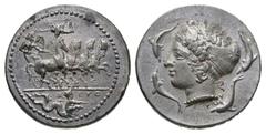 Sicily, Syracuse. Dionysios I. 405-367 B.C. PB tetradrachm (26.9 mm, 17.44 g, 6 h). BIFACE LEAD / ROSA OFF-METAL TRIAL STRIKE. Charioteer driving biga right, Nike flying right above, triton swimming r