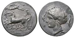 Sicily, Syracuse. Dionysios I. 405-367 B.C. PB tetradrachm (25.6 mm, 16.15 g, 6 h). BIFACE LEAD / ROSA OFF-METAL TRIAL STRIKE. Charioteer driving biga left, Nike flying right above, dolphin swimming l