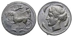 Sicily, Syracuse. Dionysios I. 405-367 B.C. PB tetradrachm (27.1 mm, 16.82 g, 6 h). BIFACE LEAD / ROSA OFF-METAL TRIAL STRIKE. Charioteer driving quadriga left, Nike flying right above, two dolphins s