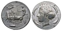 Sicily, Syracuse. Dionysios I. 405-367 B.C. PB tetradrachm (27.3 mm, 17.86 g, 6 h). BIFACE LEAD / ROSA OFF-METAL TRIAL STRIKE. Charioteer driving quadriga left, Nike flying right above, grain ear belo